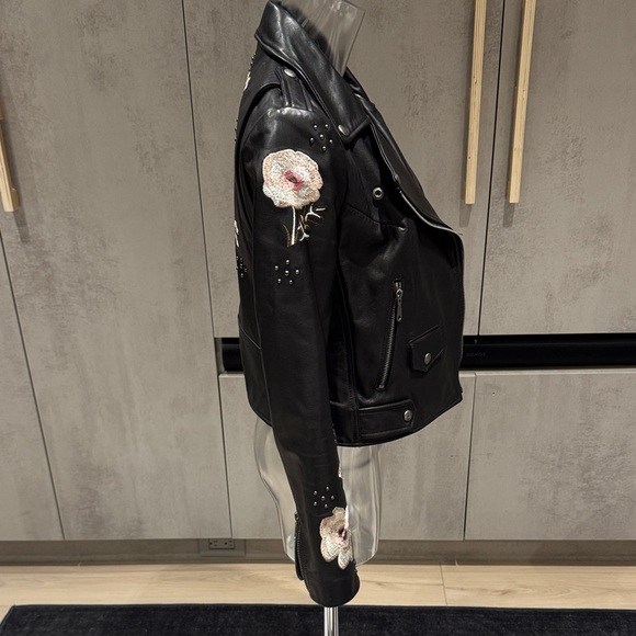 Rebecca Minkoff Black Leather Jacket with Embroidered Floral Accents - Picture 4 of 12